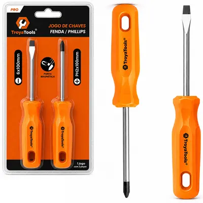 JOGO CHAVE FENDA E PHILIPS ACO CARBONO PONTA IMANTADA + CABO PLASTICO PRO LARANJA 2 PECAS 6X100MM/PH2X100MM