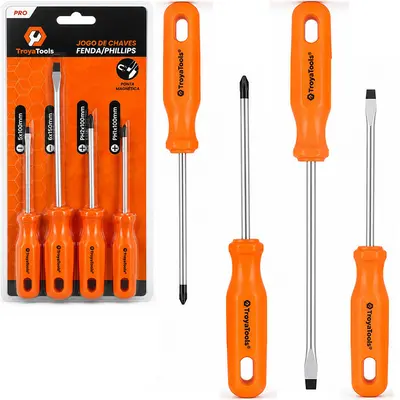 JOGO DE CHAVE DE FENDA E PHILIPS DE ACO CARBONO COM PONTA IMANTADA + CABO PLASTICO PRO LARANJA 4 PECAS