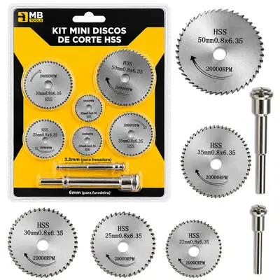 MINI DISCO DE CORTE HSS 6 PECAS + 2 BARRAS (3.2MM PARA FRESADORA ) E (6MM PARA FURADEIRA) MB TOOLS