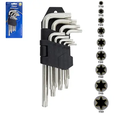 JOGO DE CHAVE TORX 9 PECAS COM FURO GUIA + SUPORTE NA CARTELA