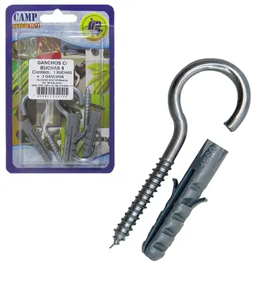 KIT PARAFUSO GANCHO COM BUCHA DE NYLON 8MM 6 PECAS NA CARTELA