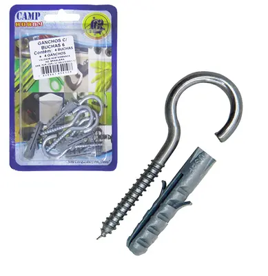 KIT PARAFUSO GANCHO COM BUCHA DE NYLON 6MM 8 PECAS NA CARTELA