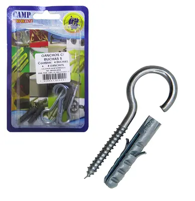 KIT PARAFUSO GANCHO COM BUCHA DE NYLON 5MM 8 PECAS NA CARTELA