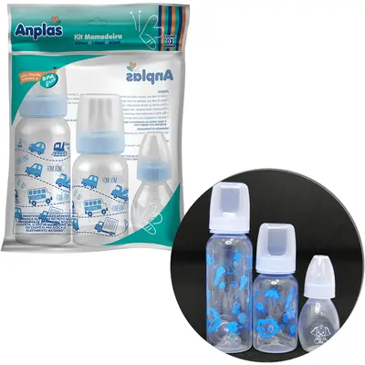 MAMADEIRA COM BICO DE SILICONE ANPLAS CRISTAL AZUL COM 3 PECAS 240/140/60ML