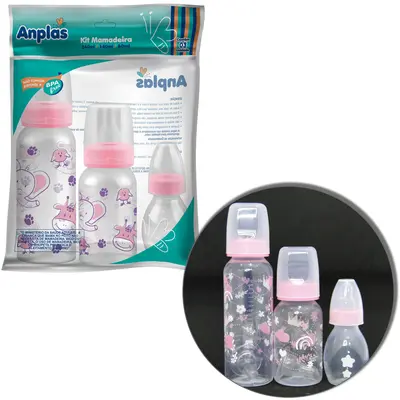 MAMADEIRA COM BICO DE SILICONE ANPLAS CRISTAL ROSA COM 3 PECAS 240/140/60ML