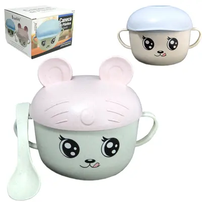 KIT ALIMENTACAO / PAPINHA CANECA COM 2 ALCAS + COLHER E TAMPA DE PLASTICO
