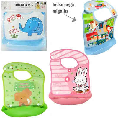 BABADOR DE PLASTICO COM APARADOR DE MIGALHAS + BOTAO ESTAMPAS SORTIDAS 32X24CM