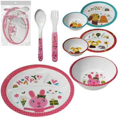 KIT ALIMENTACAO / PAPINHA PRATO + TIGELA E TALHERES DE MELAMINA 4 PECAS