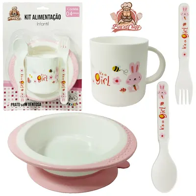 KIT ALIMENTACAO / PAPINHA PRATO COM VENTOSA + CANECA E TALHER DE PLASTICO ROSA BONS CHEFF