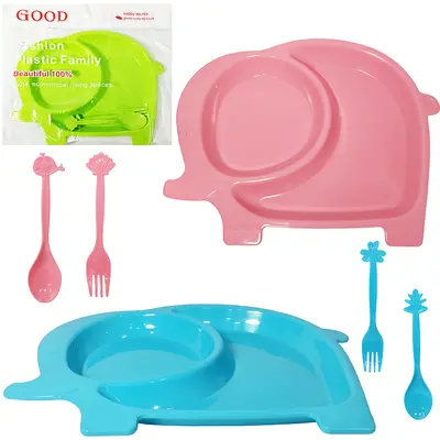 KIT ALIMENTACAO / PAPINHA COM PRATO + COLHER E GARFO DE PLASTICO ELEFANTE