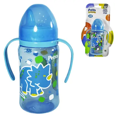 COPO BABY TREINAMENTO COM VALVULA REDUTORA + TAMPA+ BICO E ALCA PLASTICO PREMIUM COLOR AZUL 270ML