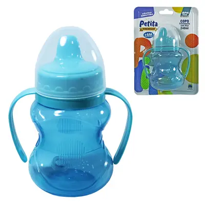 COPO BABY TREINAMENTO COM VALVULA REDUTORA + TAMPA + BICO E ALCA PLASTICO PREMIUM RELEVO AZUL 240ML