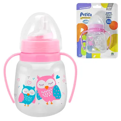 COPO BABY TREINAMENTO ANTIVAZAMENTO COM TAMPA BICO SILICONE E ALCA PLASTICO PREMIUM CRISTAL ROSA 240ML