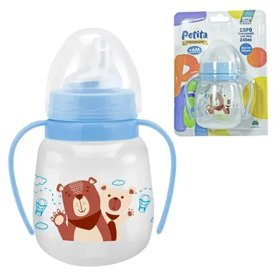 COPO BABY TREINAMENTO ANTIVAZAMENTO COM TAMPA BICO SILICONE E ALCA PLASTICA PREMIUM CRISTAL AZUL 240ML