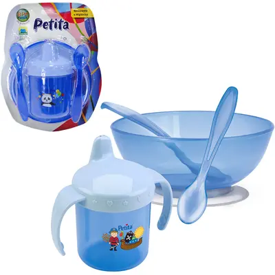 KIT ALIMENTACAO / PAPINHA TIGELA COM VENTOSA + COPO BABY E 2 COLHERES ESTAMPAS SORTIDAS COLOR AZUL