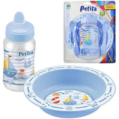 KIT ALIMENTACAO / PAPINHA PRATO + COPO 270ML + 2 COLHERES E VALVULA REDUTORA NAUTICO AZUL