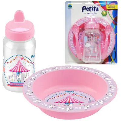 KIT ALIMENTACAO / PAPINHA PRATO + COPO 270ML + 2 COLHERES E VALVULA REDUTORA CARROSSEL ROSA