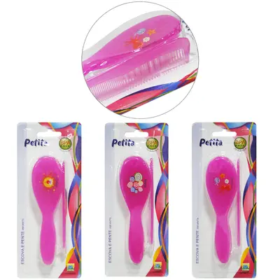 PENTE + ESCOVA DE CABELO INFANTIL ESTAMPAS SORTIDAS ROSA