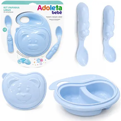 KIT ALIMENTACAO / PAPINHA PRATO COM DIVISORIA + TAMPA E 2 COLHERES DE PLASTICO ADOLETA BEBE URSO AZUL