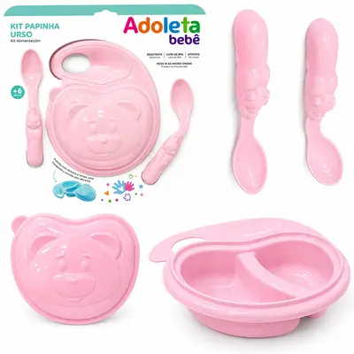 KIT ALIMENTACAO / PAPINHA PRATO COM DIVISORIA + TAMPA E 2 COLHERES DE PLASTICO ADOLETA BEBE URSO ROSA