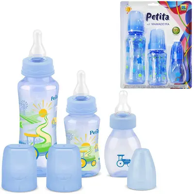MAMADEIRA CINTURADA COM BICO DE SILICONE ESTAMPAS COLOR AZUL 3 PECAS 240/140/60ML