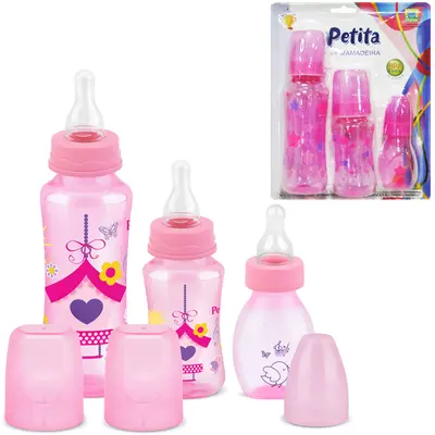 MAMADEIRA CINTURADA COM BICO DE SILICONE ESTAMPAS COLOR ROSA 3 PECAS 240/140/60ML