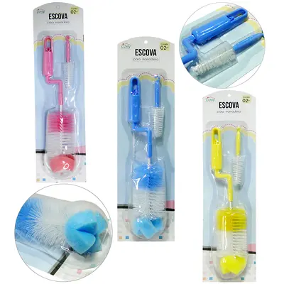 ESCOVA LAVA MAMADEIRA / COPO / GARRAFA DE NYLON COM ESPONJA / BUCHA E CABO PLASTICO COLORS COM 2 PECAS