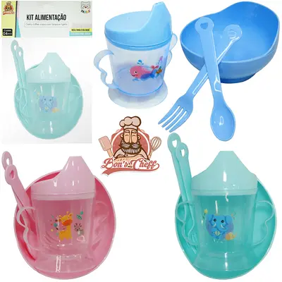 KIT ALIMENTACAO / PAPINHA TIGELA + COPO BABY E COLHER / GARFO ESTAMPAS SORTIDAS COLORS BONS CHEFF