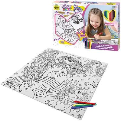 TAPETE LAVAVEL PARA COLORIR UNICORNIO 64X56CM COM 6 CANETINHAS HIDROCOR UNIKA