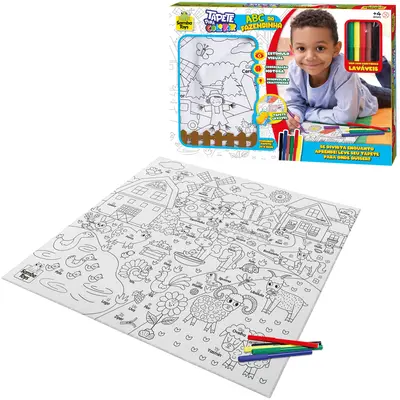TAPETE LAVAVEL PARA COLORIR ABC DA FAZENDINHA 64X56CM COM 6 CANETINHAS HIDROCOR