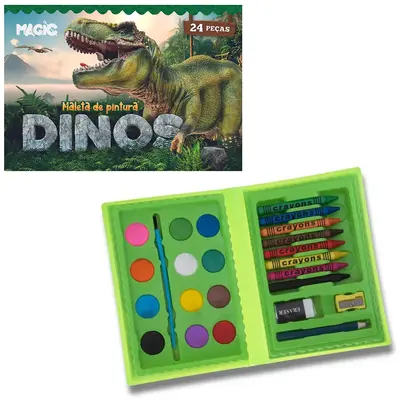 ESTOJO MALETA ESCOLAR DINO COM GIZ DE CERA + APONTADOR E ACESSORIOS 24 PECAS