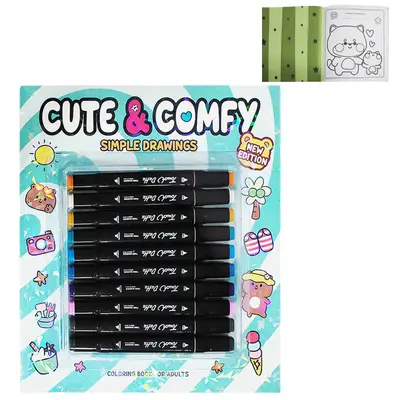 LIVRO CUTE & COMFY SIMPLE DRAWINGS COLORING BOOK FOR ADULTS PARA COLORIR COM 10 CANETAS DUPLA 49 PAGINAS 28X25CM