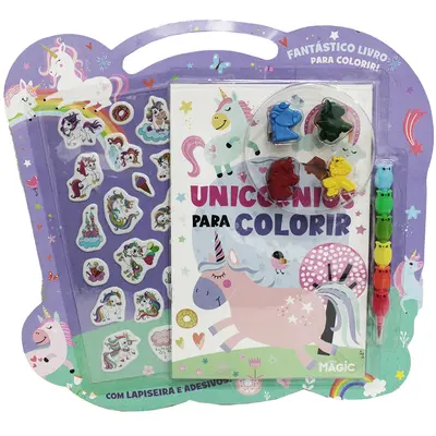 LIVRO UNICORNIOS PARA COLORIR COM LAPISEIRA CANETA TROCA PONTA + 4 GIZ DE CERA E ADESIVOS 16 PAGINAS 24X16CM