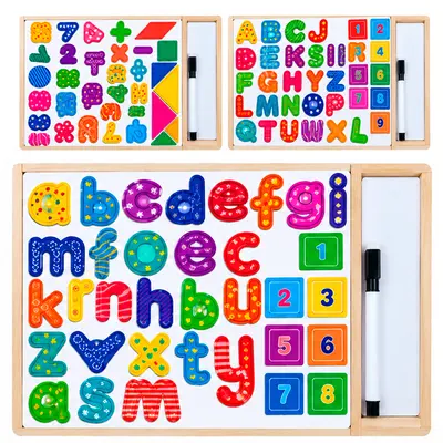 TABULEIRO DIDATICO EDUCATIVO ENCAIXE ALFABETO / NUMEROS MADEIRA COM QUADRO / LOUSA BRANCA + CANETA COM APAGADOR