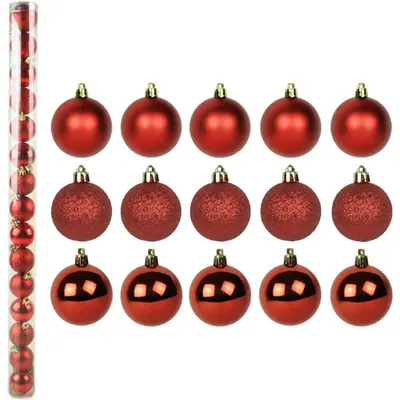 BOLA DE NATAL 4CM DE Ø VERMELHA MISTA FOSCA / LISA / GLITTER COM 15 PECAS NO TUBO
