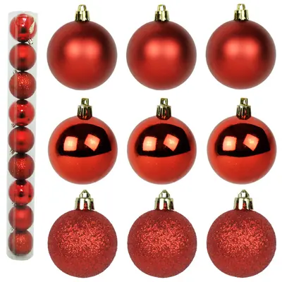 BOLA DE NATAL 6CM DE Ø VERMELHA MISTA FOSCA / LISA / GLITTER COM 9 PECAS NO TUBO