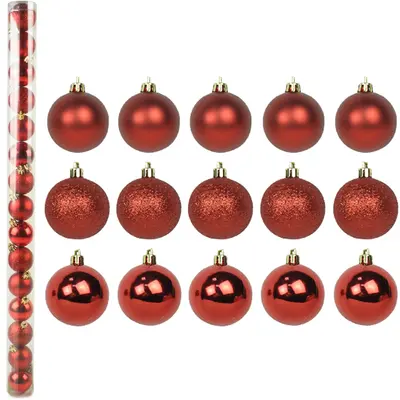 BOLA DE NATAL 3CM DE Ø VERMELHA MISTA FOSCA / LISA / GLITTER COM 15 PECAS NO TUBO