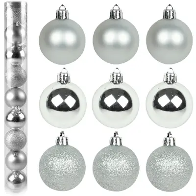 BOLA DE NATAL 6CM DE Ø PRATA MISTA FOSCA / LISA / GLITTER COM 9 PECAS NO TUBO