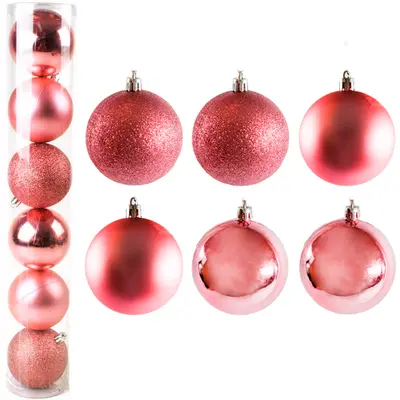 BOLA DE NATAL 7CM DE Ø ROSE MISTA FOSCA / LISA / GLITTER COM 6 PECAS NO TUBO