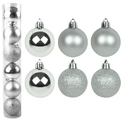 BOLA DE NATAL 7CM DE Ø PRATA MISTA FOSCA / LISA / GLITTER COM 6 PECAS NO TUBO