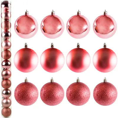 BOLA DE NATAL 5CM DE Ø ROSE MISTA FOSCA / LISA / GLITTER COM 12 PECAS NO TUBO