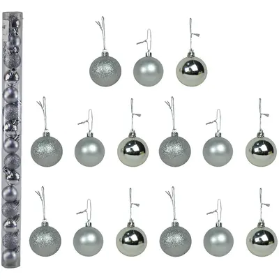 BOLA DE NATAL 3CM DE Ø PRATA MISTA FOSCA / LISA / GLITTER COM 15 PECAS NO TUBO