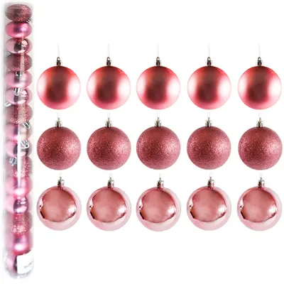 BOLA DE NATAL 4CM DE Ø ROSE MISTA FOSCA / LISA / GLITTER COM 15 PECAS NO TUBO
