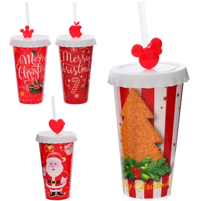 COPO COM TAMPA E CANUDO DE PLASTICO DE NATAL 450ML