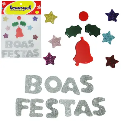 GEL DECORATIVO AUTOADESIVO MEDIO BOAS FESTAS DE NATAL COM 20 PECAS