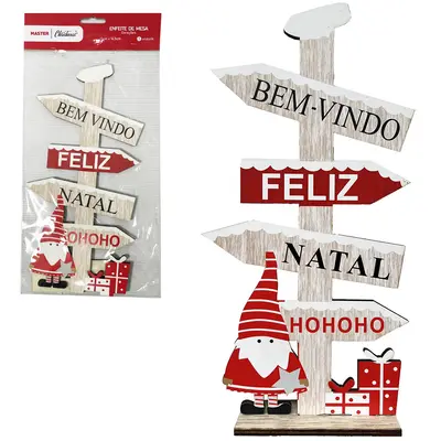 ENFEITE DE MESA PLACA DIRECOES DE MADEIRA MDF DE NATAL 26,5X13CM