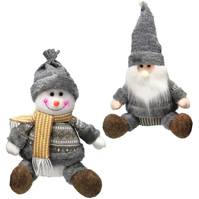 PENDENTE PAPAI NOEL / BONECO DE NEVE DE PELUCIA SENTADO XADREZ / CINZA DE NATAL 25CM