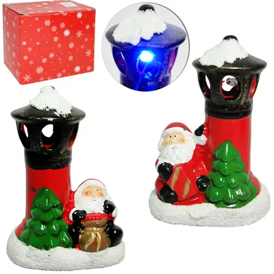 ENFEITE PAPAI NOEL NO POSTE DE PORCELANA DE NATAL COM LUZ COM 4 PECAS 12,5X9X6CM