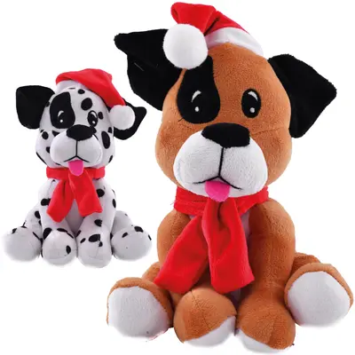 ENFEITE CACHORRO DE PELUCIA COM TOUCA + CACHEPOL DE NATAL 19CM