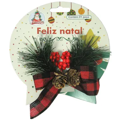 PICK NATALINO AZEVINHO COM LACO XADREZ E PINHA 10X10CM